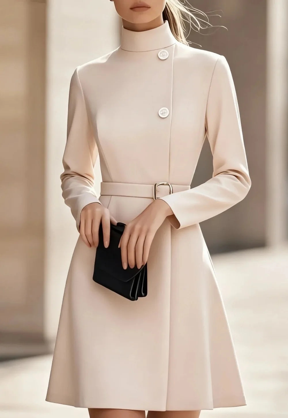 2025 Autumn Winter High Collar A-Line Mini Dress for Women – Elegant Office Commuting Long Sleeve Belted Solid Dress
