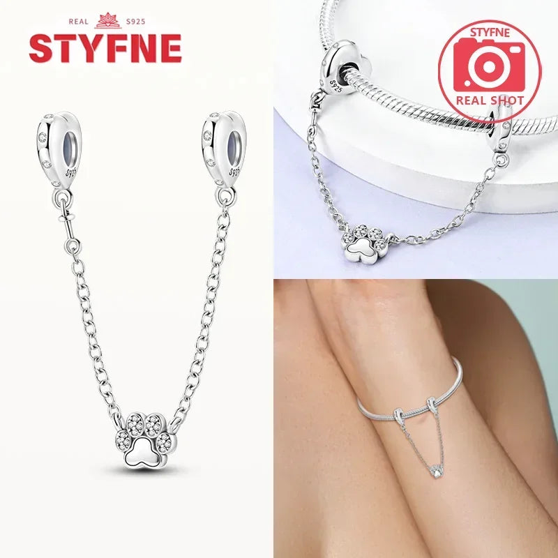S925 Silver Cute Cat Heart Bead Safety Chain Fit Original Bracelet