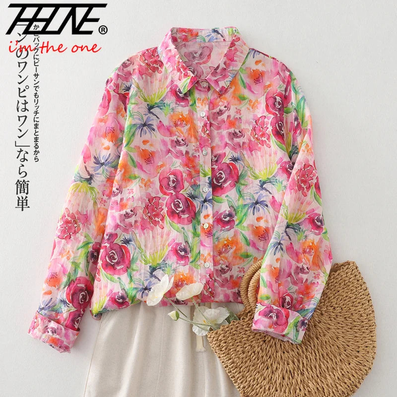 THHONE Spring Elegant Women’s Blouse 2025 | Single-Breasted Loose Print Vintage Shirt | Casual Women’s Top