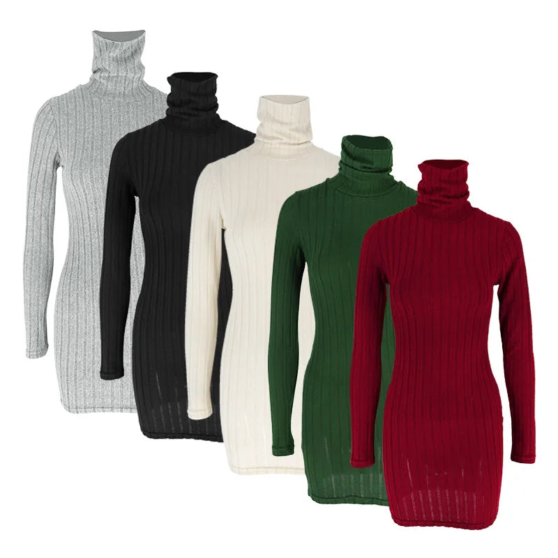 Women’s Autumn Winter Turtleneck Bodycon Mini Dress – Long Sleeve Solid Sheath Sexy Club Party Knitted Dress