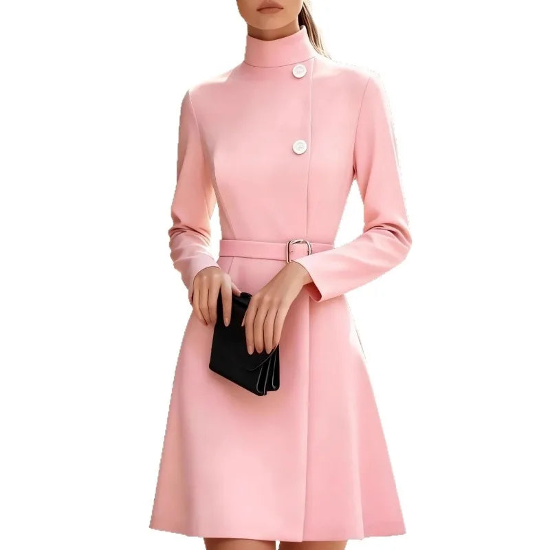 2025 Autumn Winter High Collar A-Line Mini Dress for Women – Elegant Office Commuting Long Sleeve Belted Solid Dress
