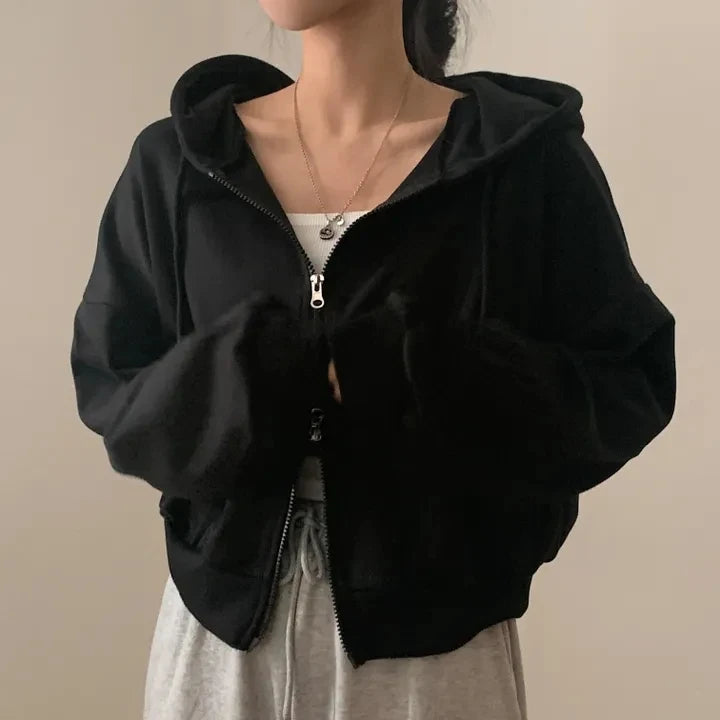 Chic Early Autumn Casual Long Sleeve Hoodie – Double Zipper Loose Versatile Cotton Pullover | Pure Color Commute Wear