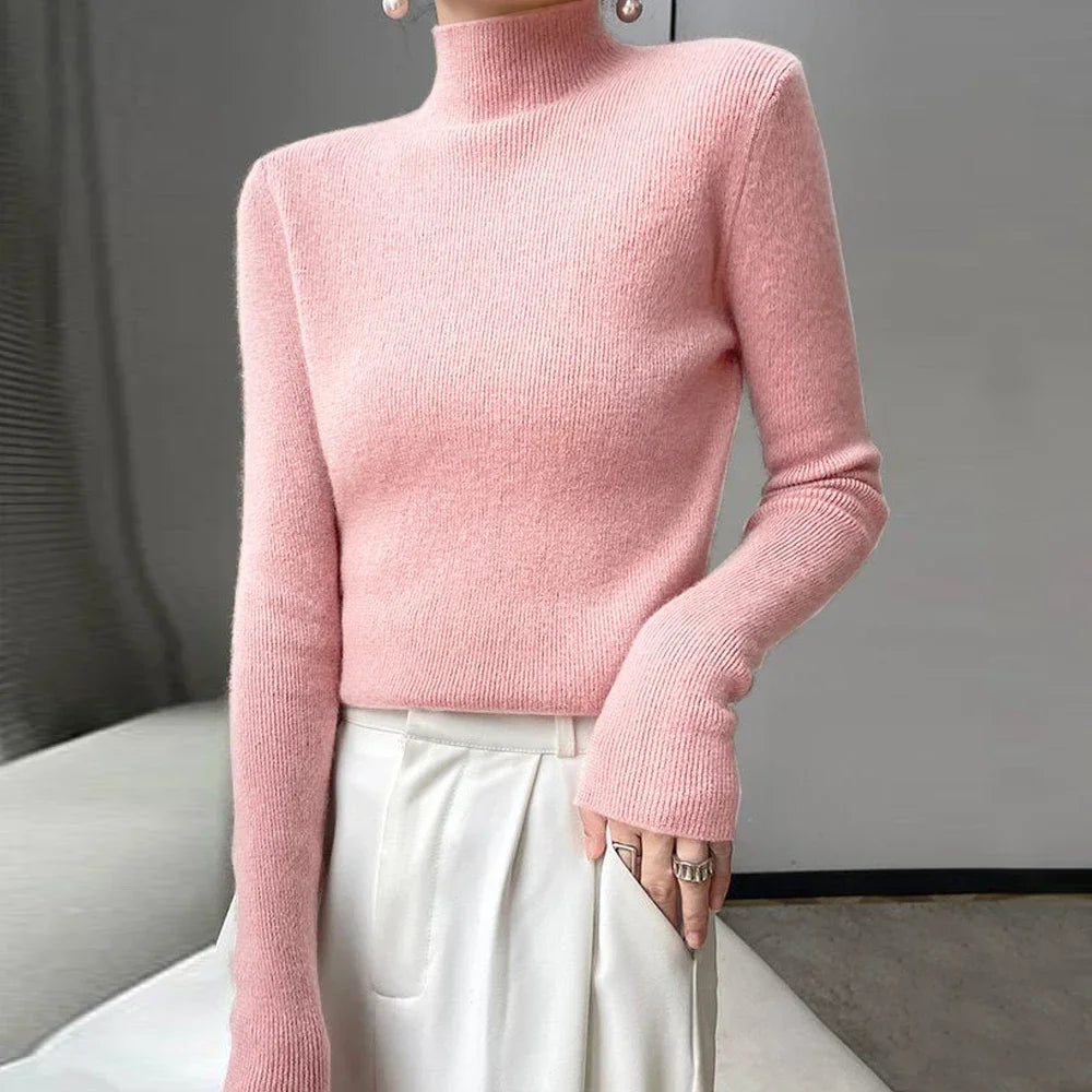 Women’s High Collar Knitted Sweater | Slim Fit Long Sleeve Top | Blue, Purple & Red Bottoming Shirt