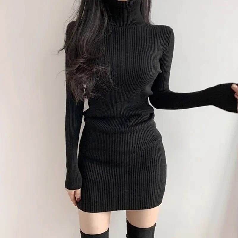 Fanan 2024 Turtleneck Sweater Dress – Sexy Slim Streetwear Bodycon Mini Dress for Women | Thick Basic Bottoming Dress