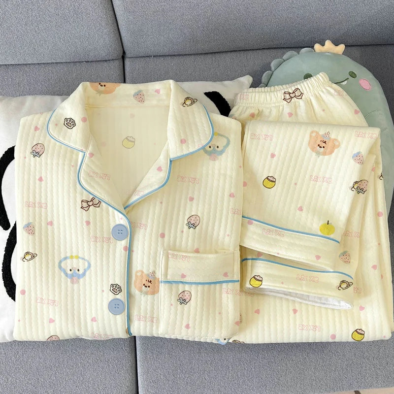Thickened Air Cotton Women’s Loungewear Set – Lazy Bear Cartoon Long Sleeve Top & Pants 🐻❄️🛋️