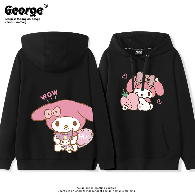 Japanese Retro My Melody Hoodie – Soft Strawberry Print Loose Casual Cute Girl Top 🍓🎀