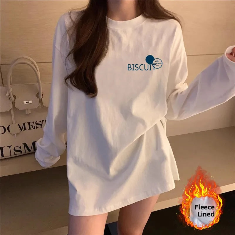 Women’s Long Sleeve Cotton T-Shirt | Fleece-Lined White Base Layer | Loose Fit Autumn Inner Wear
