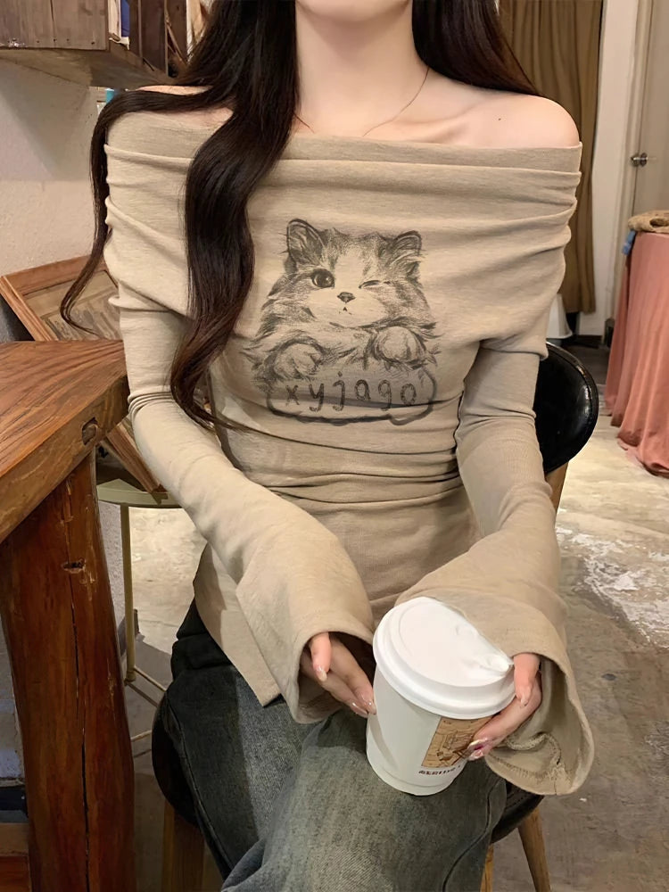 Y2K Cat Long Sleeve Women’s T-Shirt – Luxury Korean Off-Shoulder Slim Casual Top 🐱✨