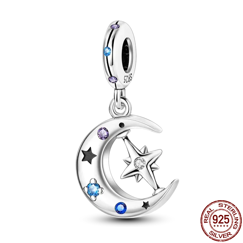 925 Sterling Silver Blue Moon Plane Space Series Glass Beads Clip Charm for Bracelet