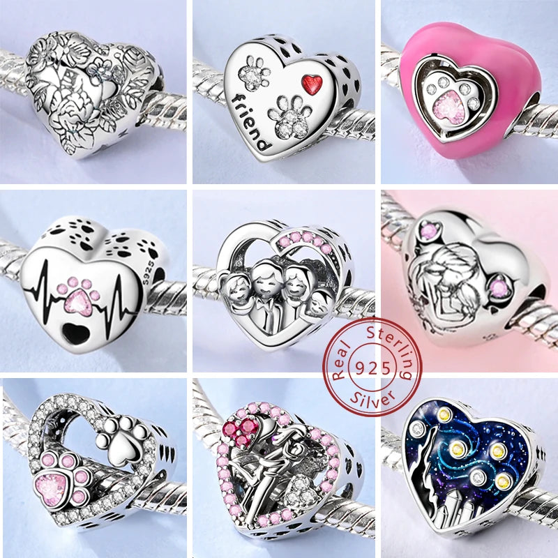 Original 925 Sterling Silver Clip Charm Bead | Round Heart Love Family Charms Fit Bracelet Women DIY Jewelry Gift