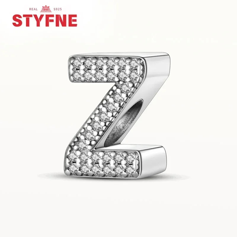 925 Sterling Silver Alphabet Letter Charm Beads with Shiny Zircon – A-Z Initial Beads for Pandora DIY Bracelet & Women’s Jewelry