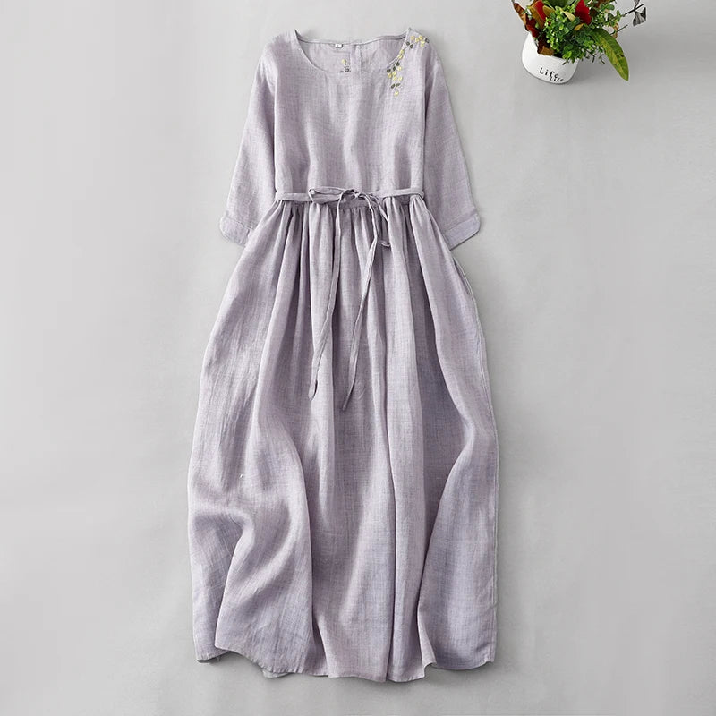 Elegant Embroidered Cotton Linen Long Dress – Women's Loose Waist Slimming Age-Defying Skirt, Spring, Summer & Autumn Fashion
