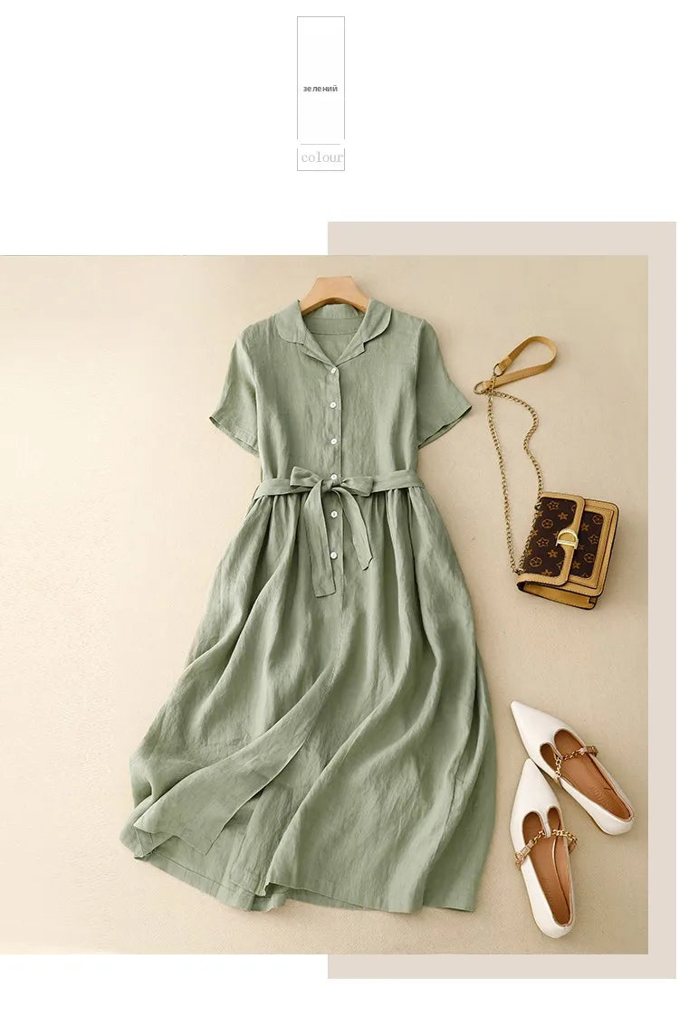 Pure Linen Shirt Dress – Women's Summer Lightweight Breathable Long Dress, Loose Plus Size with Slimming Belt