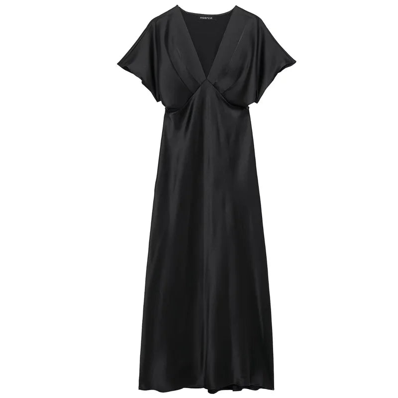 HXAO Midi Satin Dress for Women – Ruffled V-Neck Bat Sleeve Party Dress | Summer 2025 Black, Khaki, Blue Vestido