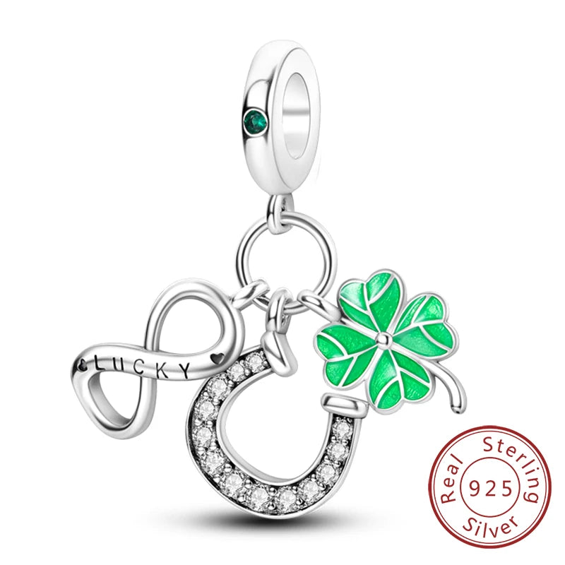 New 925 Sterling Silver Four-Leaf Clover Green Charm Bead | Lucky Pendant for Original Bracelet Jewelry Gift