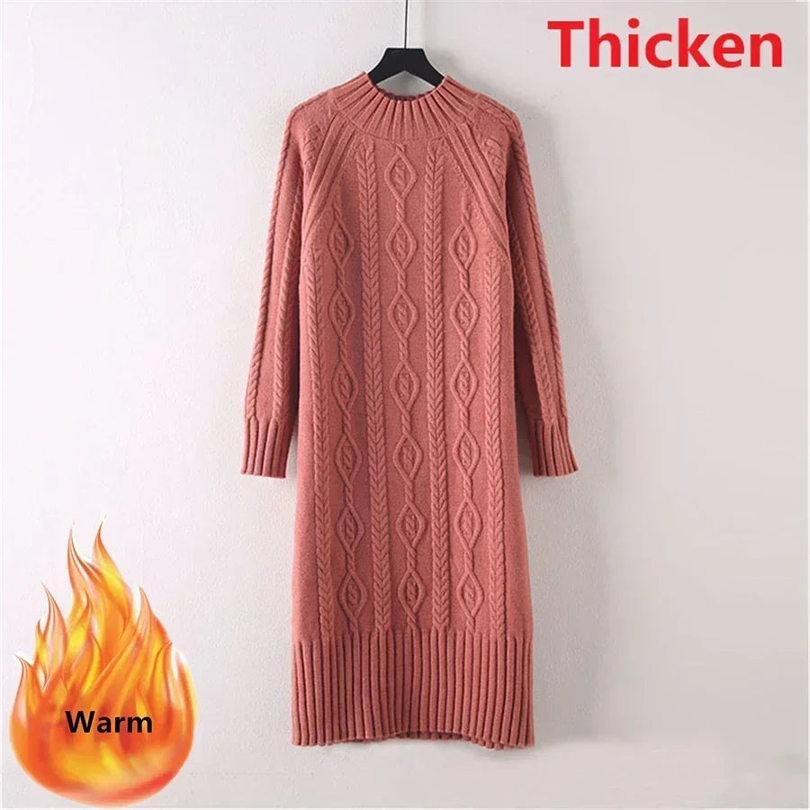 Winter Thicken Plus Velvet Sweater Dress for Women – Fall Mock Neck Rib Knit Midi Dress | Elegant Warm Vestido with Coats