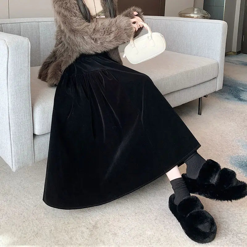 Plus Size Black Velvet Midi Skirt – High Waist A-Line Autumn Winter Mid-Length Skirt for Women