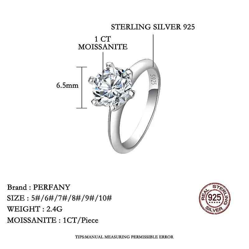 PERFANY 1–5CT Moissanite Ring for Women | S925 Pure Silver Six-Claw GRA Certified