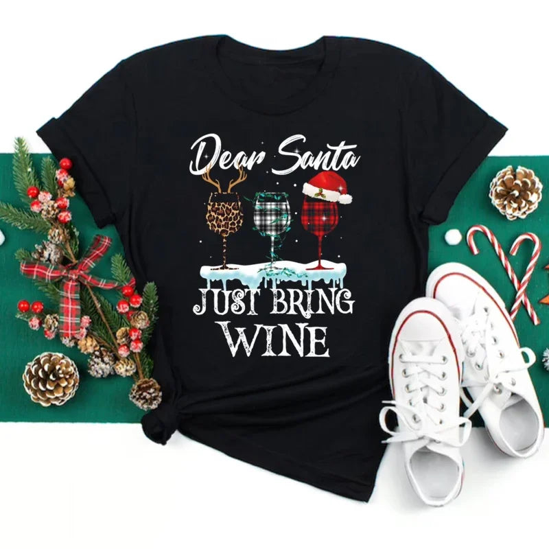 Women’s Christmas Wine Glass T-Shirt | Funny Holiday Black Tee Xmas Gift Top 2025