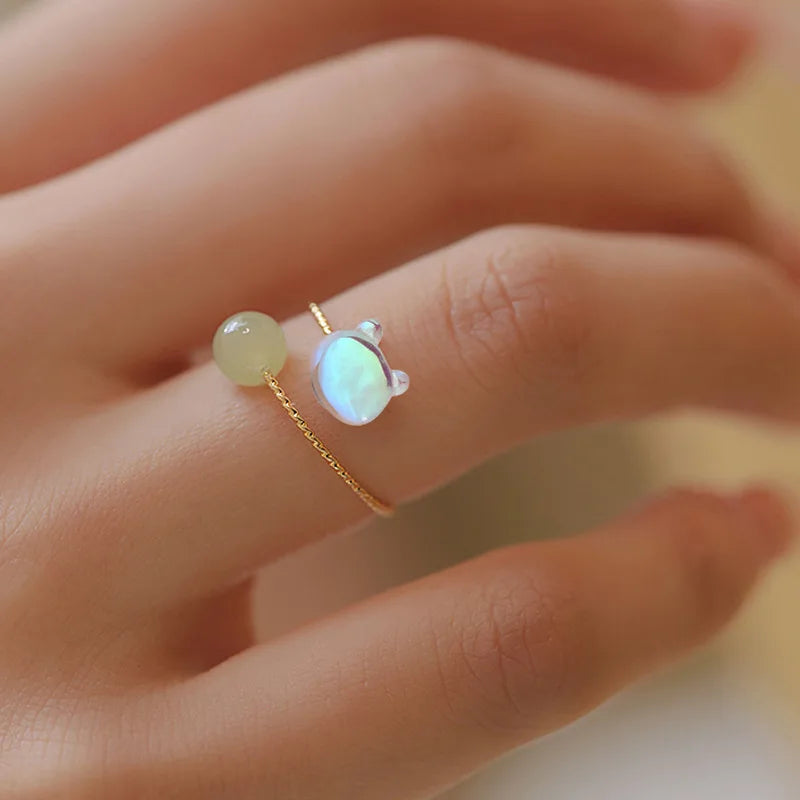 PANJBJ 925 Sterling Silver Hotan Jade Geometric Adjustable Ring | Retro Delicate Jewelry Gift for Women