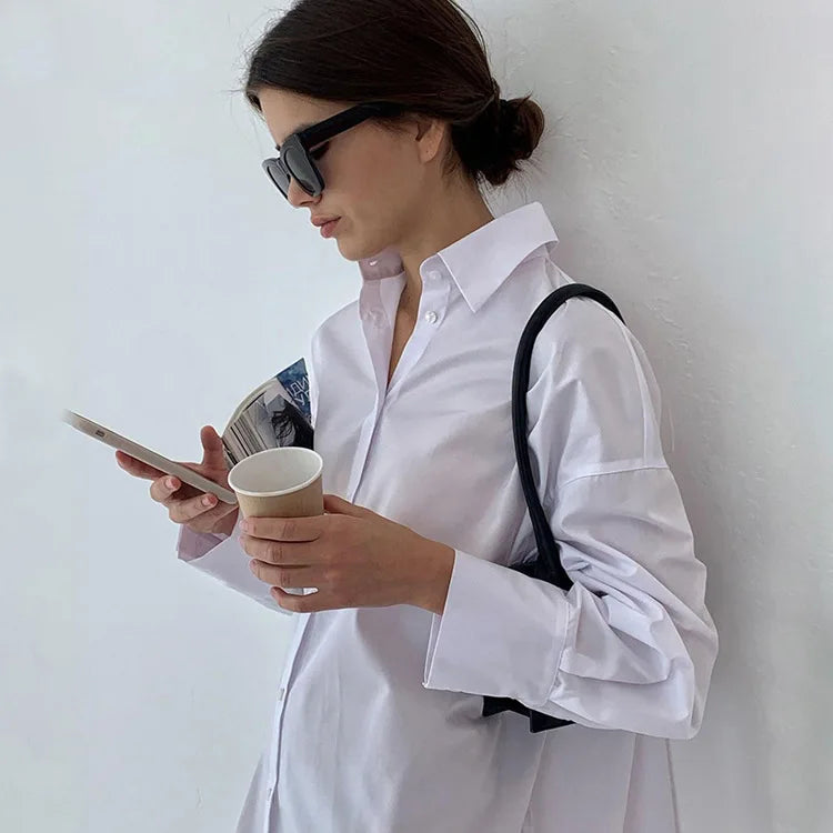 Zadily Autumn 2025 Women’s Oversized White Long Shirt – Minimalist Patchwork Button-Up Work Blouse
