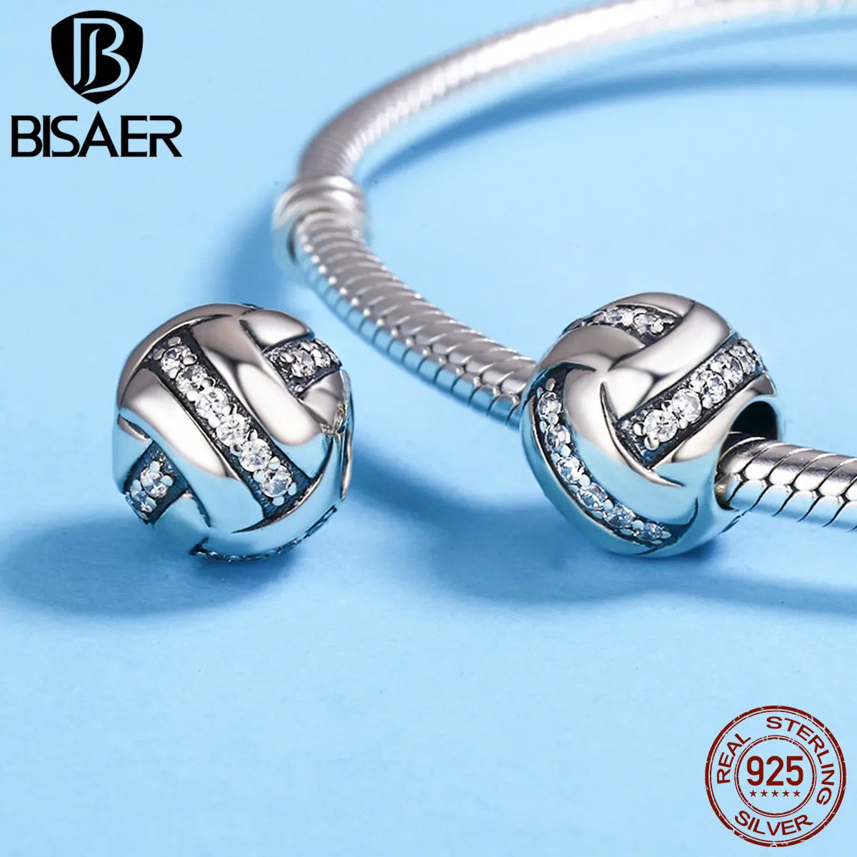 BISAER 925 Sterling Silver Ball Series Charms – Football, Volleyball, Tennis & Basketball Beads Fit Pandora Bracelet DIY Jewelry