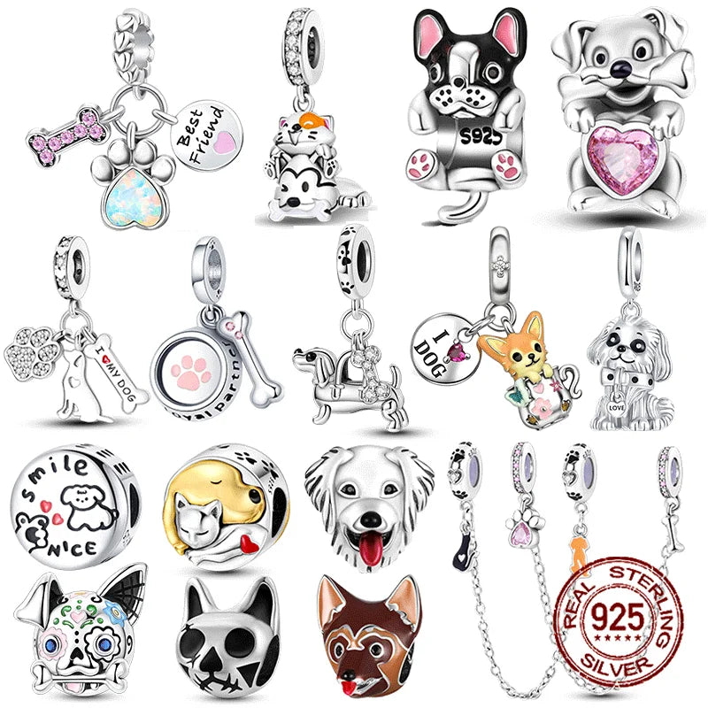 925 Sterling Silver Pink Cat & Dog Paw Charm Bead | Animal Claw Bone Beads for 925 Bracelet DIY Jewelry Gift