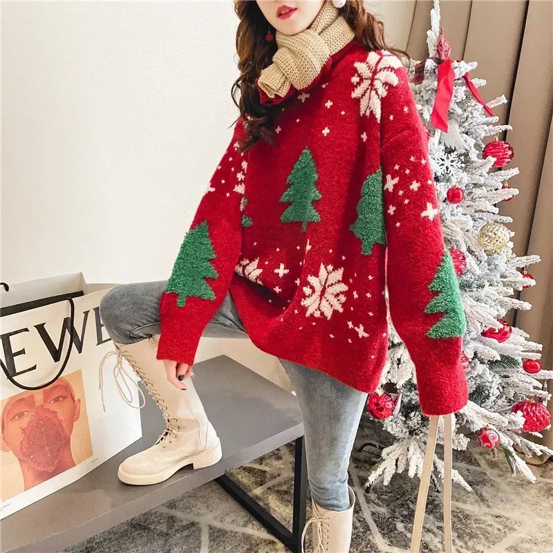 2024 Women’s Autumn/Winter Korean Color Block Sweater Hoodie | Thick Snowflake Loose Round Neck Top