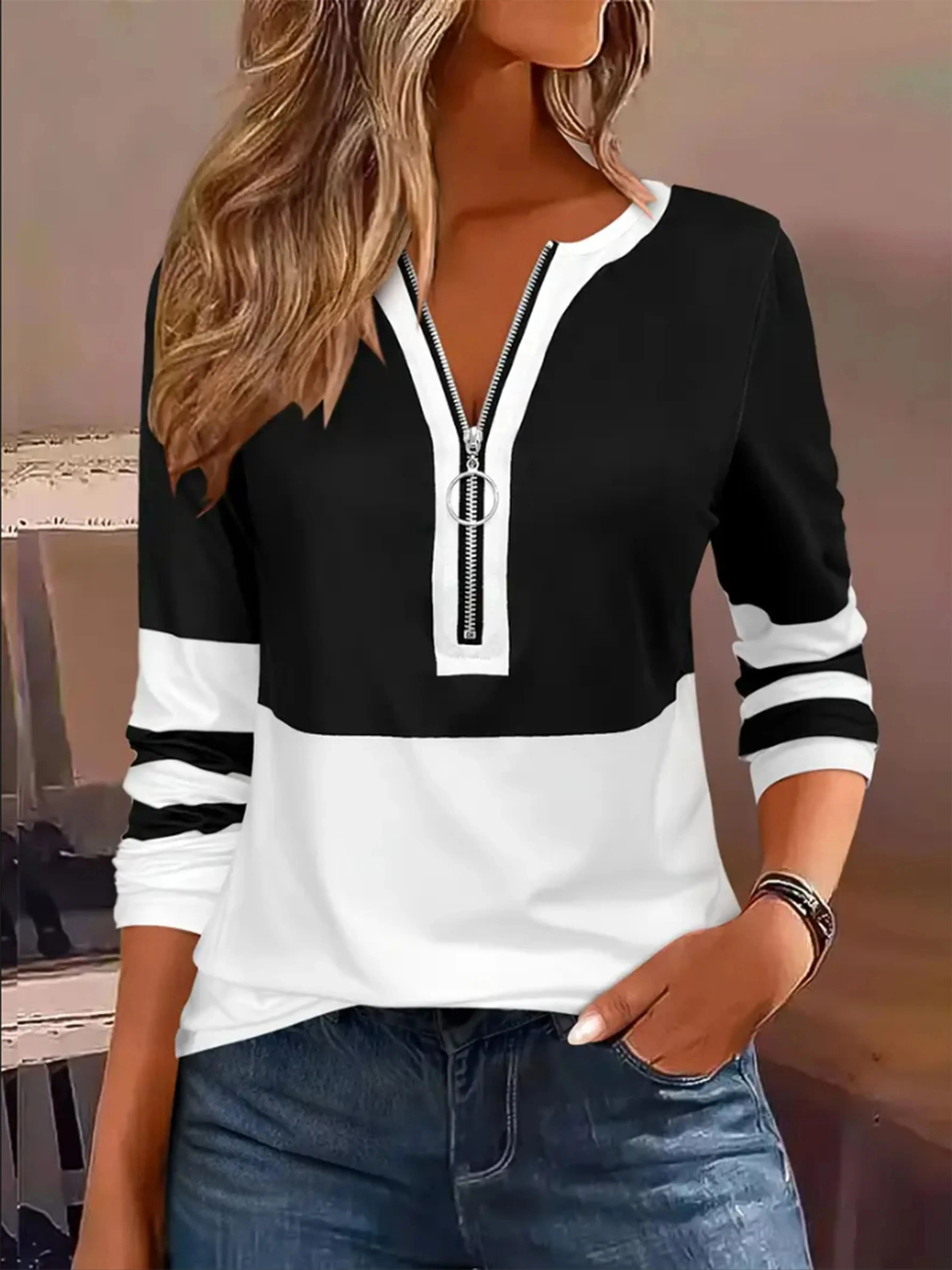 Plus Size Long Sleeve T-Shirt – Geometric Stripes & Color Block Ring Zipper Fall Fashion 🍂👚