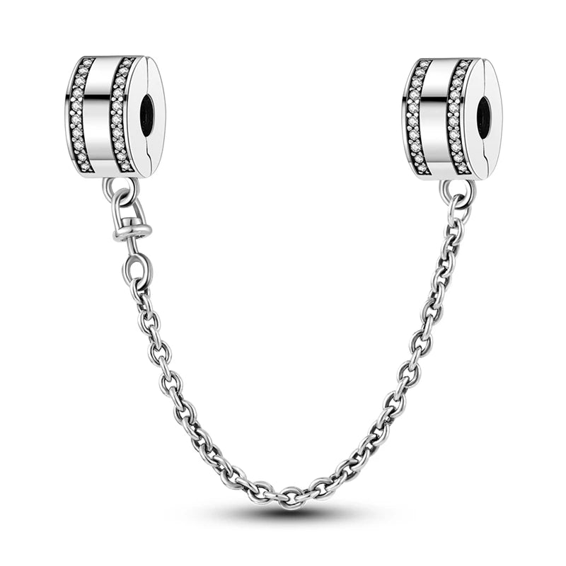 925 Sterling Silver CZ Pave Daisy Clip Charm & Safety Chain – Fits Original Pandora Bracelet, Women’s Silver Stopper Beads Jewelry