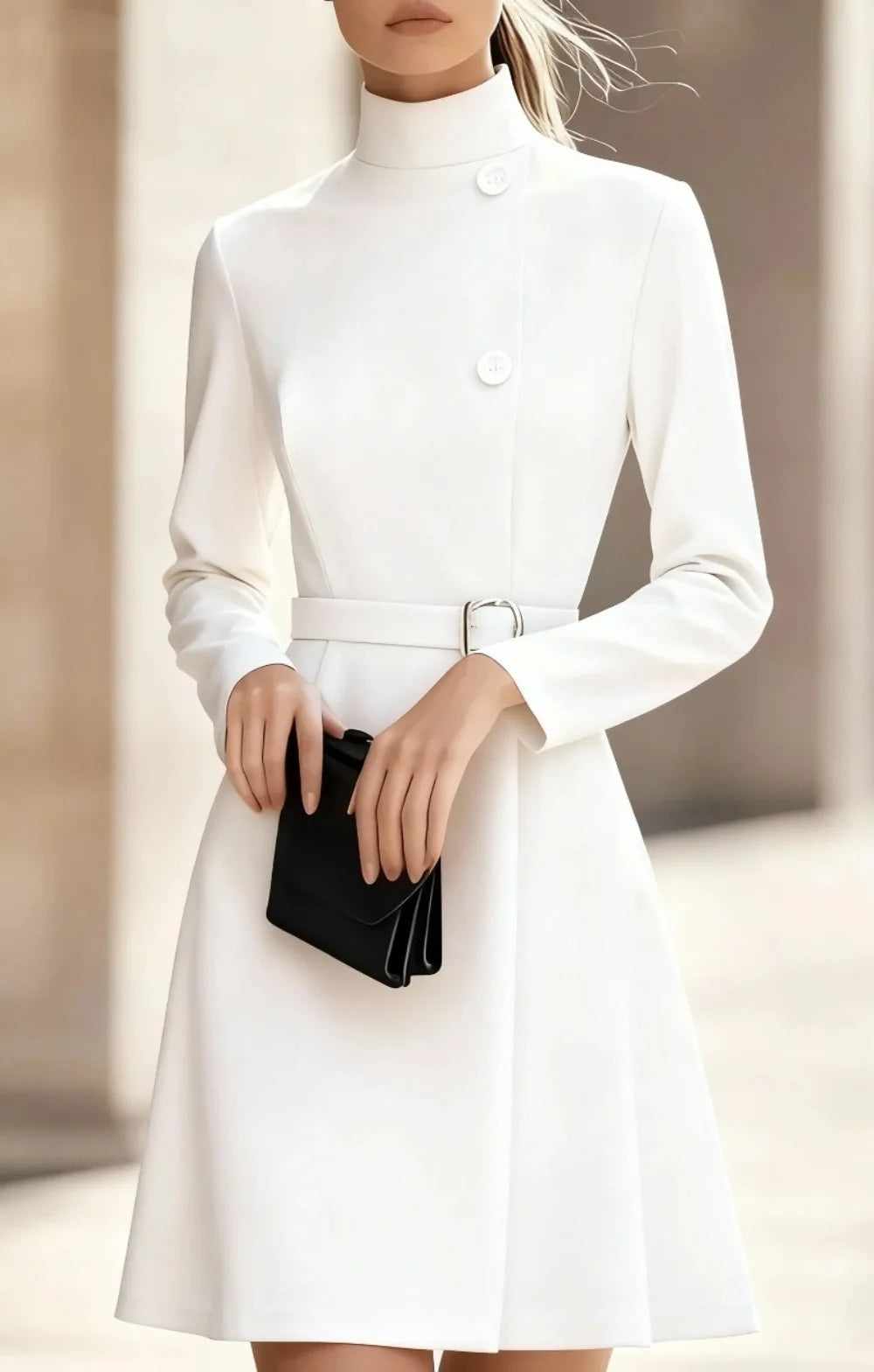 2025 Autumn Winter High Collar A-Line Mini Dress for Women – Elegant Office Commuting Long Sleeve Belted Solid Dress