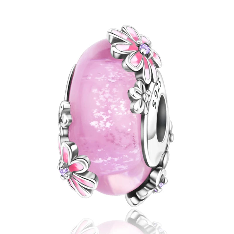 925 Sterling Silver Pink Daisy Melano Glass Bead Charm Fit Pandora Bracelet Jewelry