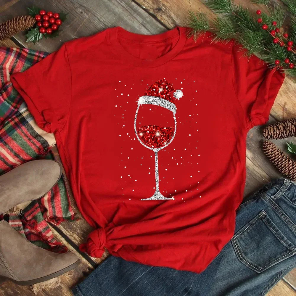 Women’s Christmas Wine Glass T-Shirt | Funny Holiday Black Tee Xmas Gift Top 2025