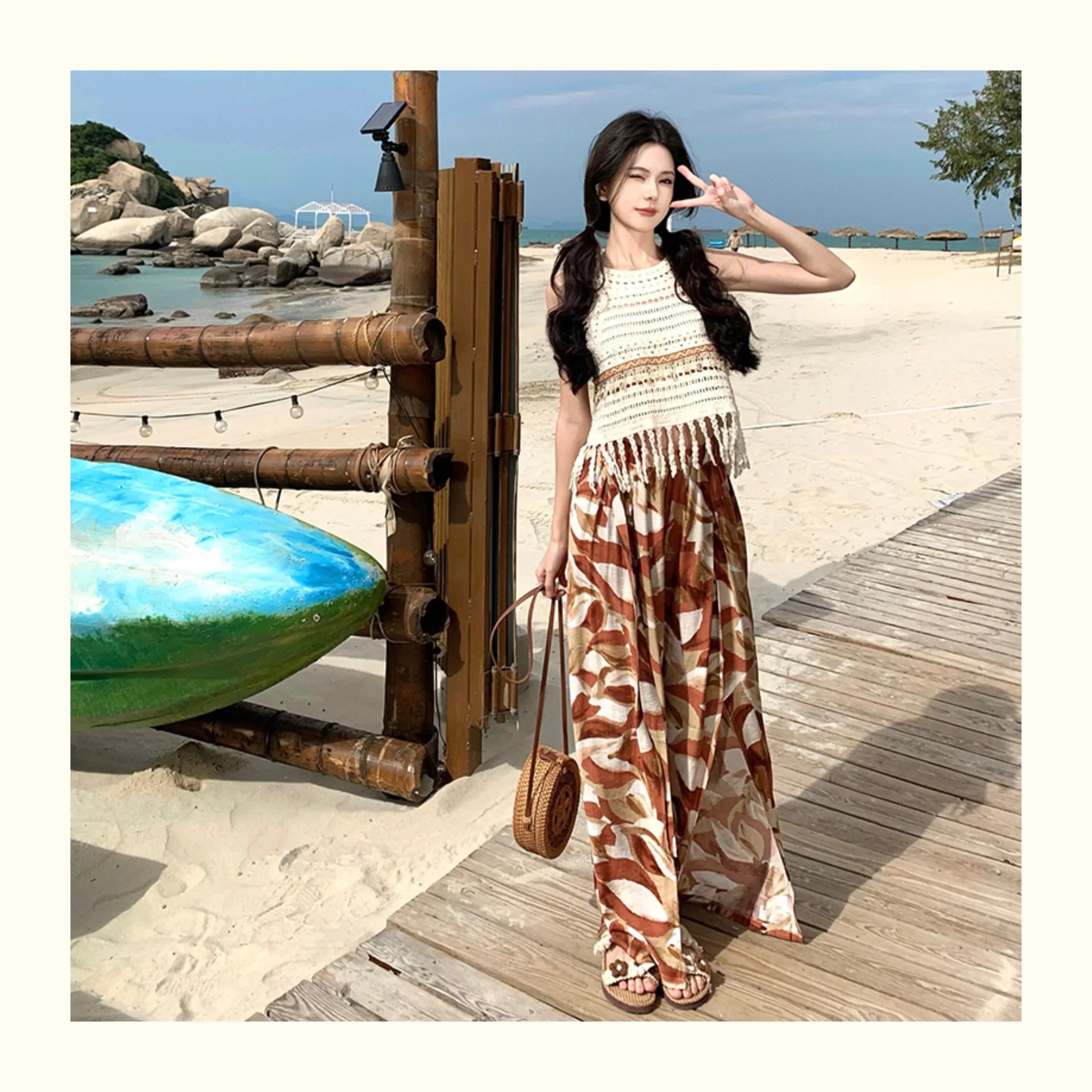 Vacation Style High Waist Wide Leg Pants – Thin Long Ethnic Print Pants for Beach & Holiday Wear