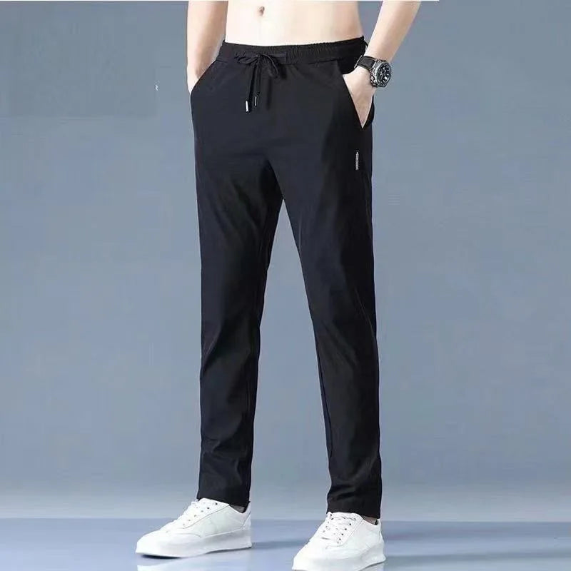 Ice Silk Men’s Pants 2023 – Black & Gray Summer Casual Business Straight Leg Sweatpants
