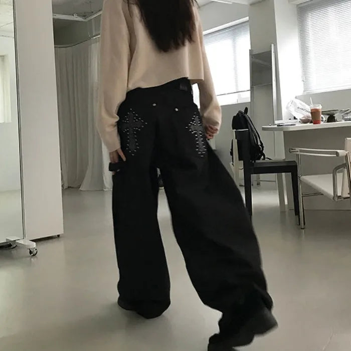 High Waist Wide-Leg Floor-Length Denim Jeans for Women – American Retro Casual Workwear Pants with Beaded Details