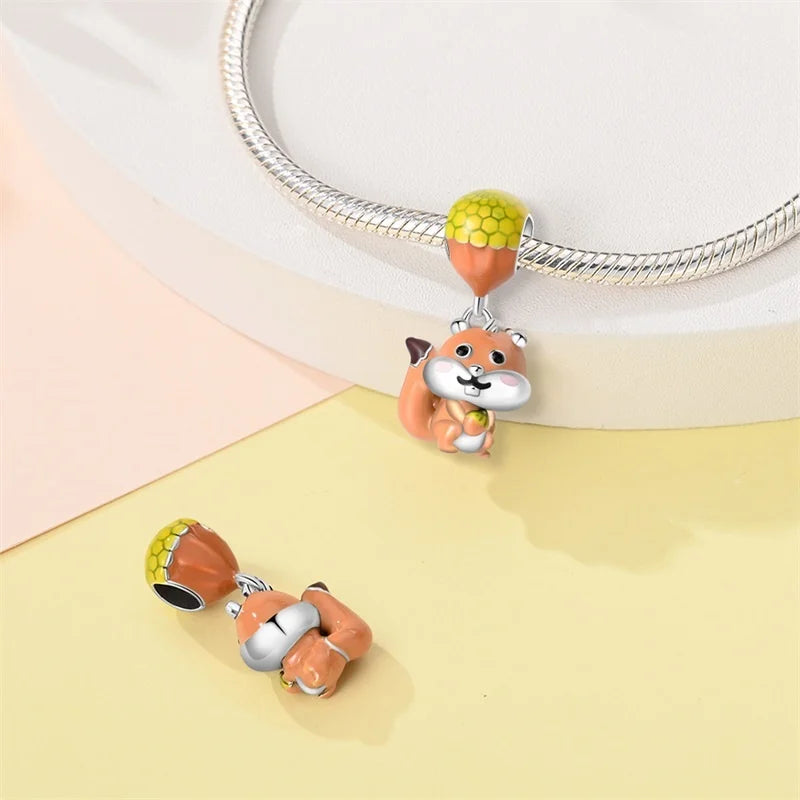 925 Sterling Silver Squirrel & Maple Leaf Charm | Shiny Zircon Autumn Beads Fit Pandora Bracelet DIY Jewelry