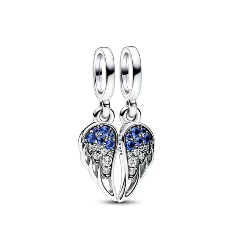 Hot Selling 925 Sterling Silver Blue Heart-Shaped Bead with Feather Pendant | Fit European Original Bracelet DIY Exquisite Jewelry