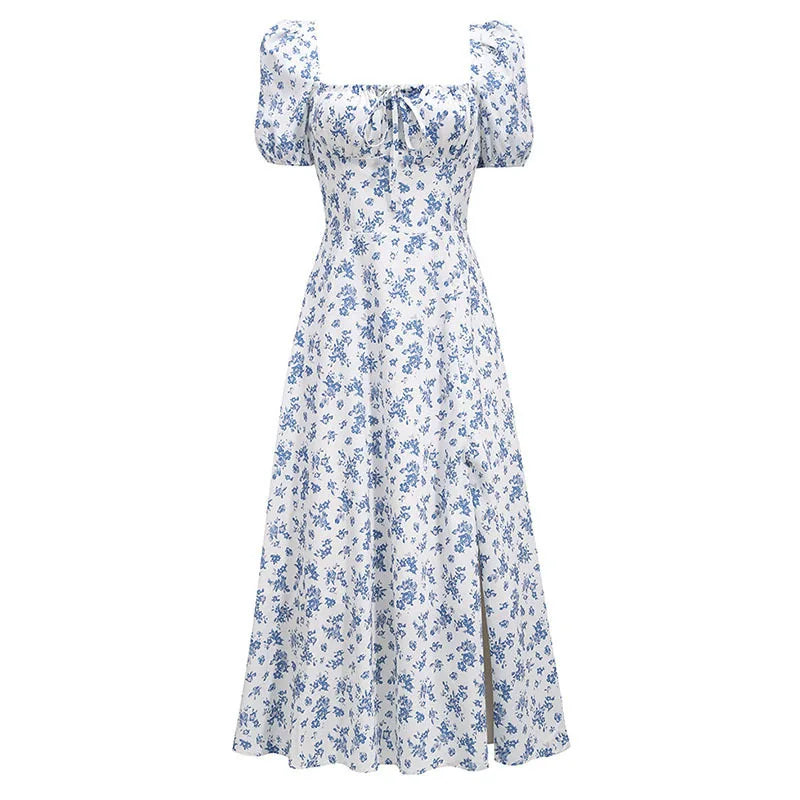 Y2K Vintage Blue Floral Dress – Women’s Elegant Summer Party Puff Sleeve Split Long Dress | Sexy Aesthetic 2024
