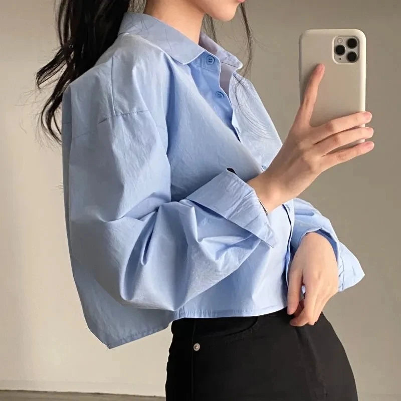Zadily 2023 Women’s Spring White Crop Shirt – Korea Style Solid Button Split Blouse 👚✨