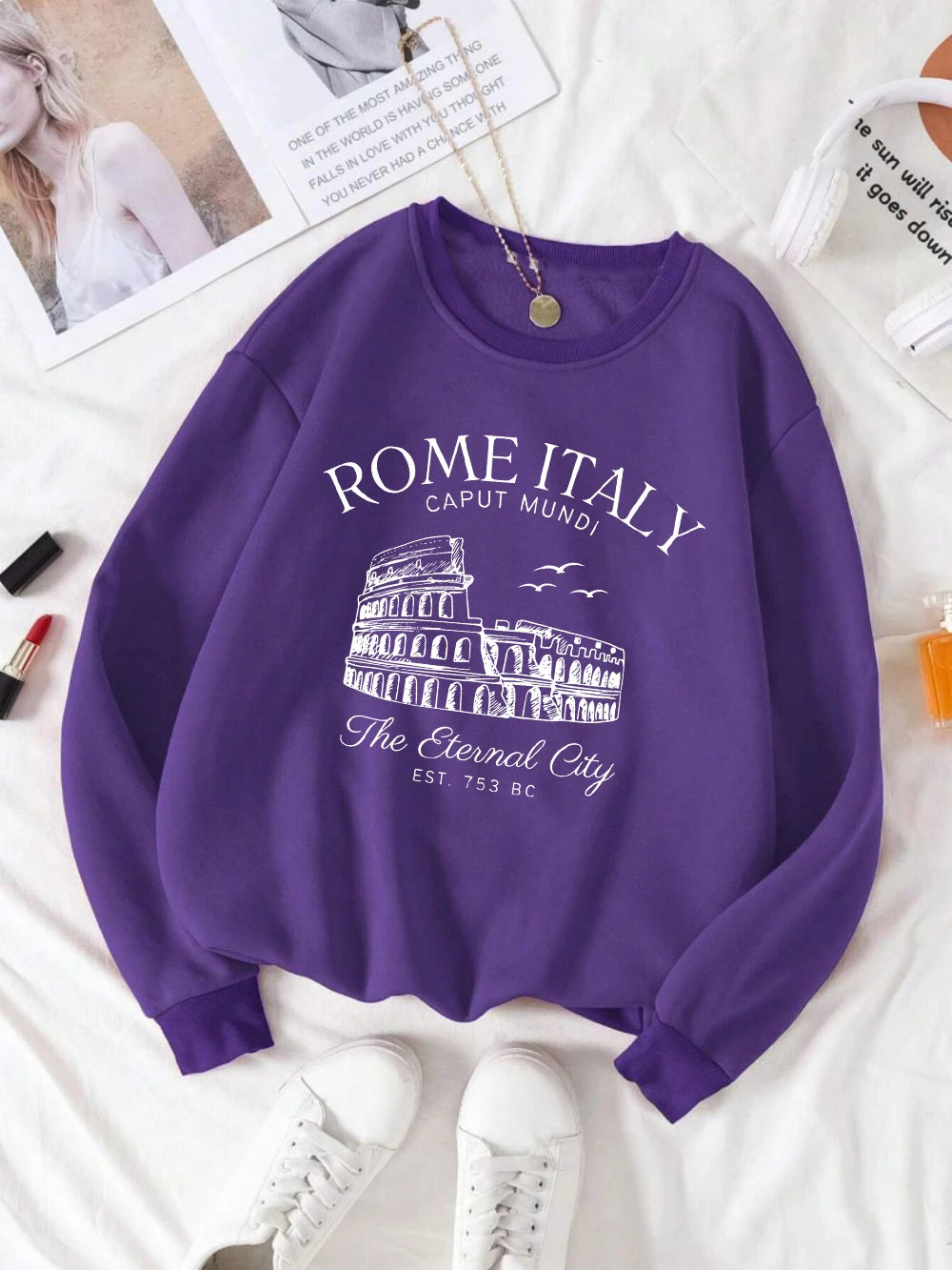 Colosseum Rome Italy Print Sweatshirt for Women | Y2K Casual Crewneck Fleece Pullover