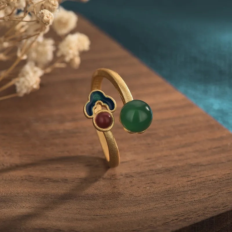 PANJBJ 925 Sterling Silver Hotan Jade Geometric Adjustable Ring | Retro Delicate Jewelry Gift for Women