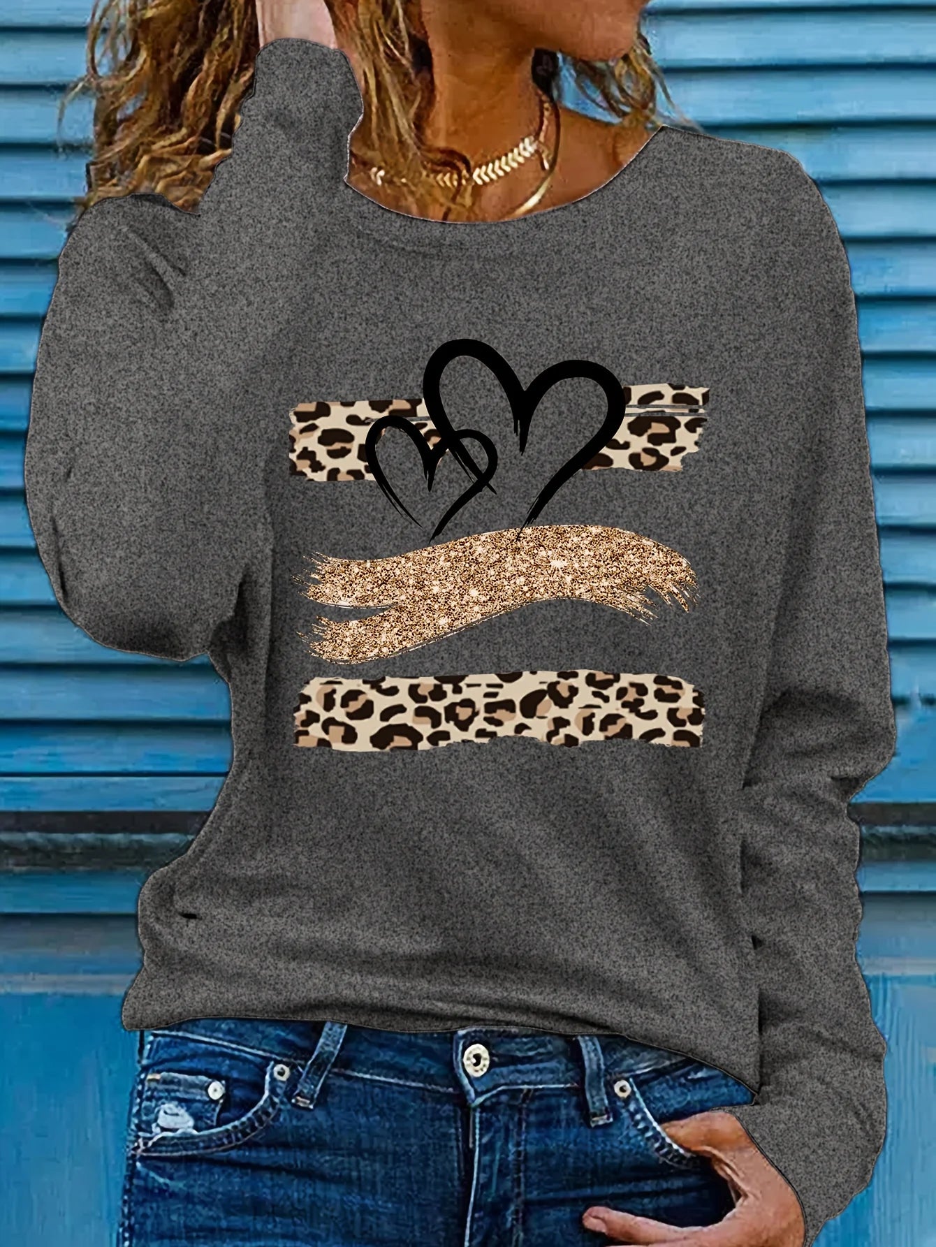 Women’s Spring Autumn 100% Cotton Long Sleeve T-Shirt – Casual Loose Round Neck with Leopard & Heart Print