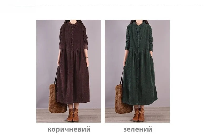 Retro Pure Color Corduroy Dr Loose Casual Long irt Dr Women's A-Line Skirt Long Sve  Collar Single Button Closure
