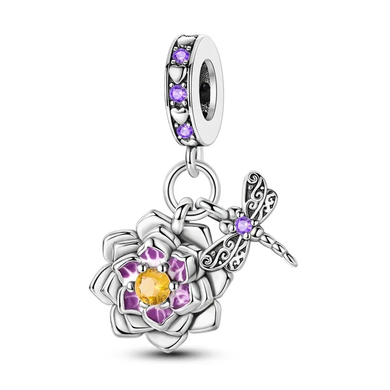 925 Sterling Silver Blue Series Charm | Dragonfly, Butterfly, Bird & Pansy Flower Pendant for 4MM Bracelet
