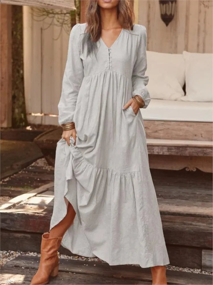 New Autumn Winter Women’s Long Dress – Retro V-Neck Button Long Sleeve Cotton Dress | Wide Swing Casual Fashion