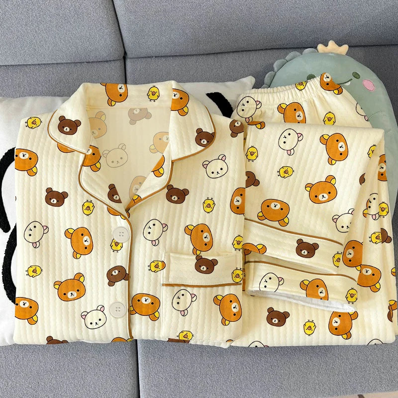 Thickened Air Cotton Women’s Loungewear Set – Lazy Bear Cartoon Long Sleeve Top & Pants 🐻❄️🛋️