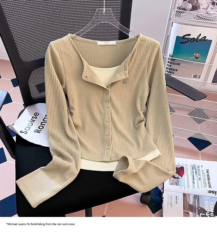 Unique Design Long Sleeve Slim Fit T-Shirt – Women's Plus Size Early Autumn Base Shirt, Korean Style Knitted Top