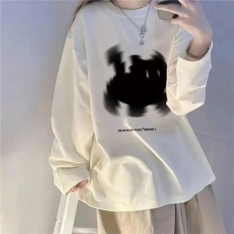 White Fleece-Lined Loose Long Sleeve Women’s T-Shirt – Slimming Base Layer Korean Style Commute Top