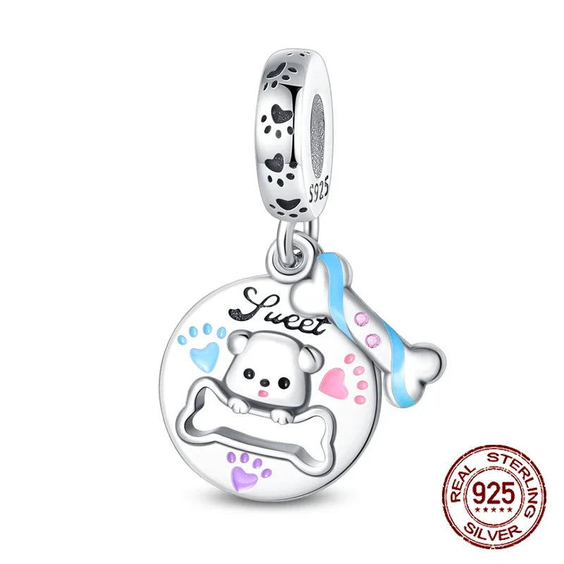 925 Sterling Silver Pink Cat & Dog Paw Charm Bead | Animal Claw Bone Beads for 925 Bracelet DIY Jewelry Gift